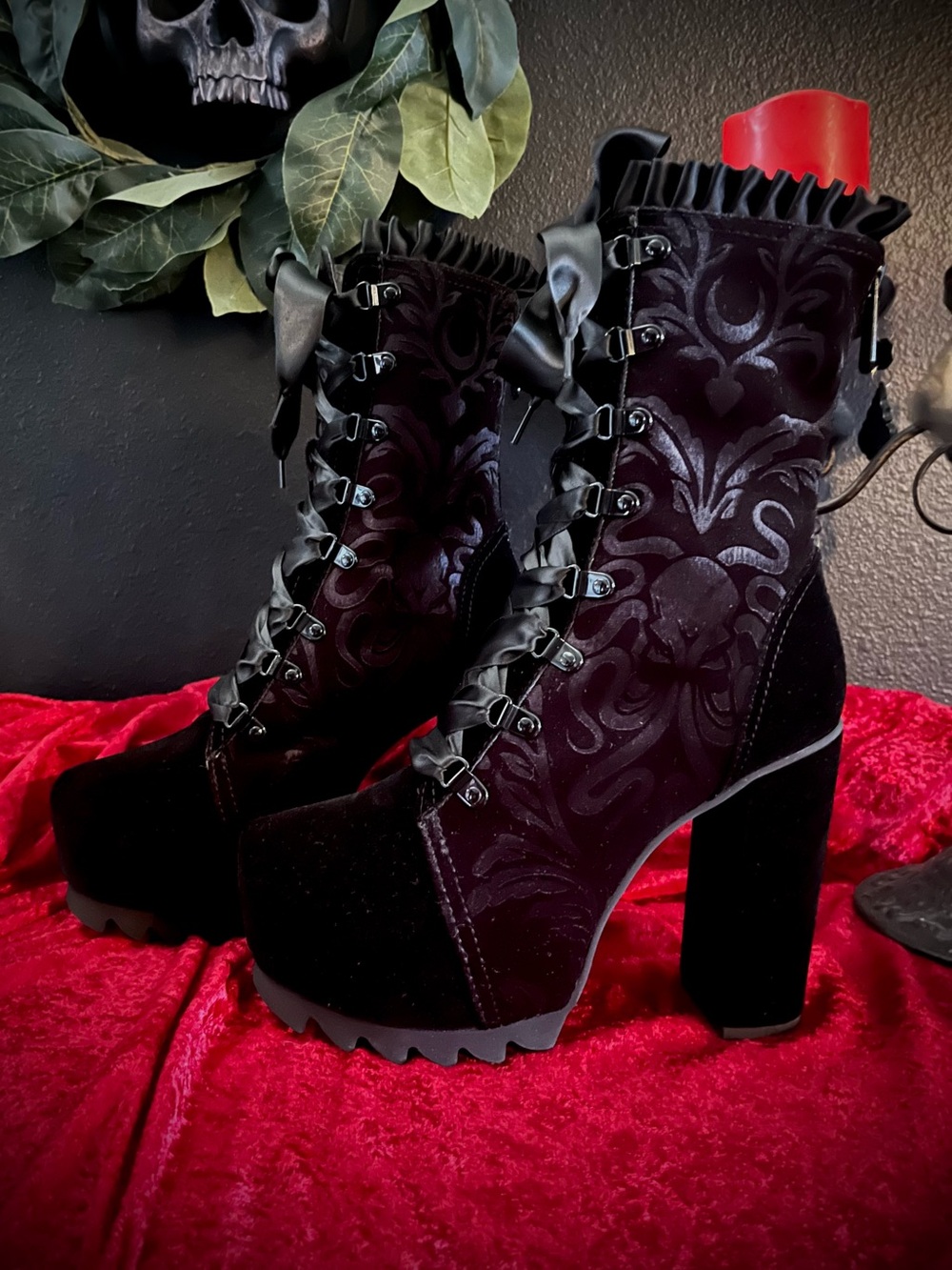 Killstar Cthulhu Black Velvet Lace-Up Platform Boots with Ruffled Collar